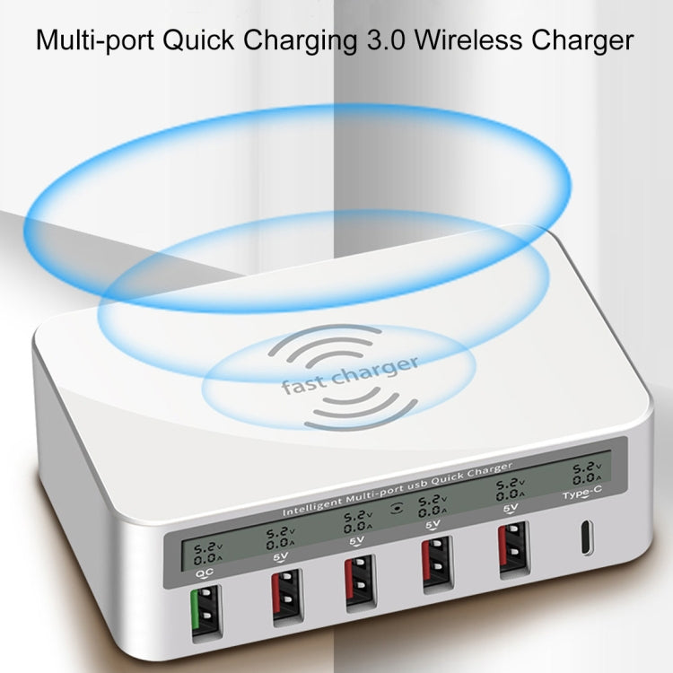 WLX-818F Chargeur 6-en-1 10W QC3.0 sans fil + USB-C / Type-C + 4 ports USB avec écran LCD intelligent, prise EU / AU, prise EU / AU (blanc)