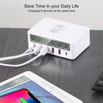 WLX-818F Chargeur 6-en-1 10W QC3.0 sans fil + USB-C / Type-C + 4 ports USB avec écran LCD intelligent, prise EU / AU, prise EU / AU (blanc)