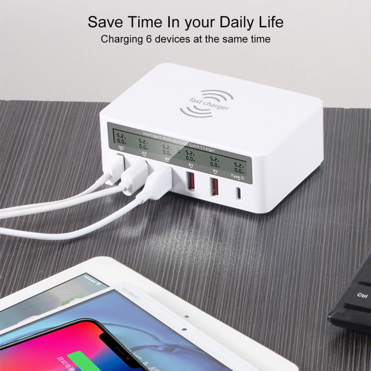 WLX-818F Chargeur 6-en-1 10W QC3.0 sans fil + USB-C / Type-C + 4 ports USB avec écran LCD intelligent, prise EU / AU, prise EU / AU (blanc)