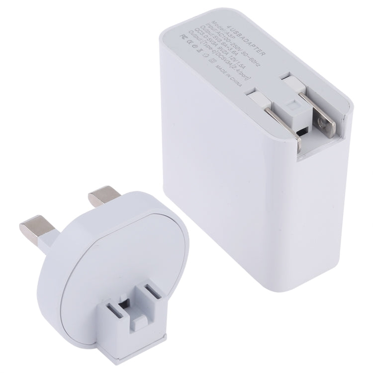 A3P Chargeur mural de voyage 4 ports USB (USB-C / Type-C + QC3.0 + double USB) avec sortie maximale 3A, prise UK, prise UK