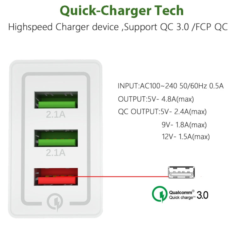 Chargeur rapide de voyage AR-QC-03 2.1A 3 ports USB, prise US, AR-QC-03 US, AR-QC-03 Prise US bleue