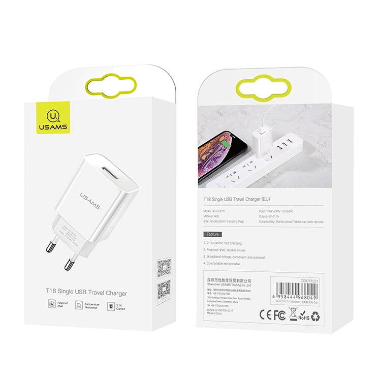 USAMS US-CC075 T18 Chargeur de voyage USB simple 2.1A, prise EU, prise EU