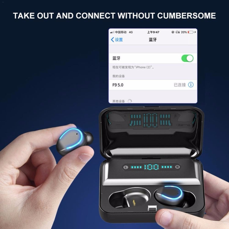 Écouteur Bluetooth tactile intelligent à réduction de bruit F9-5 avec boîtier de charge, supporte l'affichage LED d'alimentation à trois écrans, appel HD, batterie externe et Siri, F9-5 Noir, F9-5 Blanc