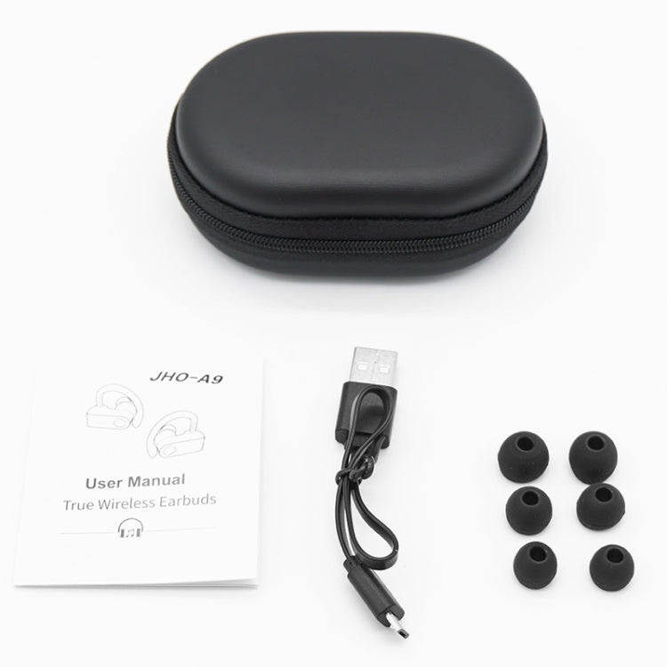 Écouteurs Bluetooth sans fil JHO-A9 TWS de type à suspension auriculaire avec sac de rangement à fermeture éclair intégré et fonction de charge, prend en charge le contrôle vocal, JHO-A9