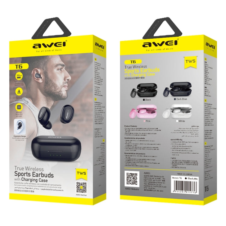 Casque de sport sans fil TWS Bluetooth V5.0 awei T6 avec boîtier de chargement