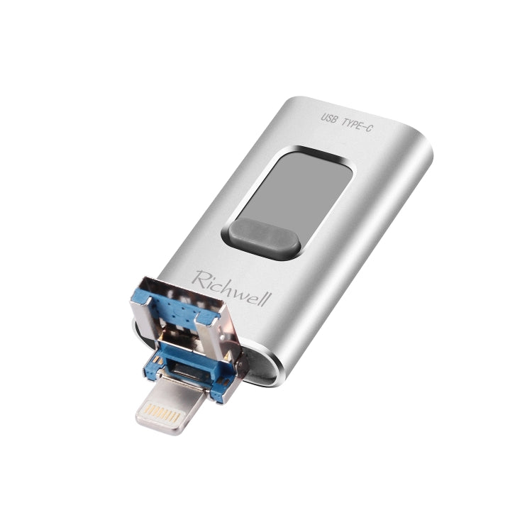 Richwell 3 en 1 64 Go Type-C + 8 broches + USB 3.0 Disque Flash Métallique Coulissant avec Fonction OTG