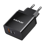 awei C-980 Chargeur de voyage à charge rapide 18W PD USB-C / Type-C + QC 3.0 USB, prise EU