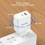 awei C-980 Chargeur de voyage à charge rapide 18W PD USB-C / Type-C + QC 3.0 USB, prise EU