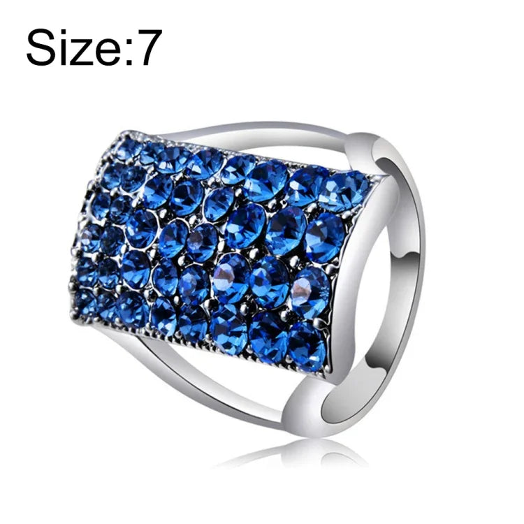 Bague rectangulaire plaquée argent avec cristal bleu pour femmes (argent avec diamant, US, taille : 7), taille : 7