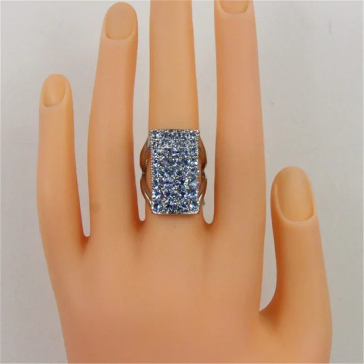 Bague rectangulaire plaquée argent avec cristal bleu pour femmes (argent avec diamant, US, taille : 7), taille : 7