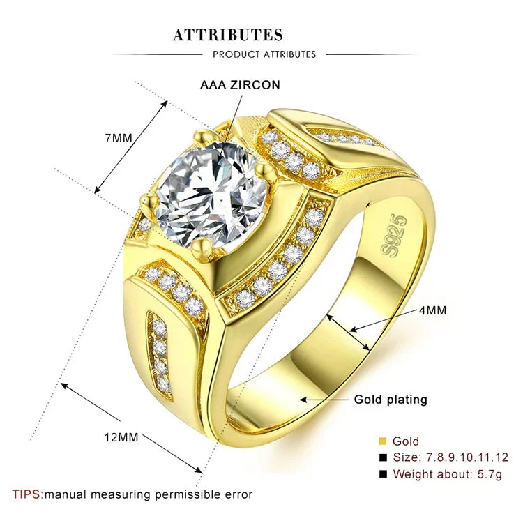 Bague pour homme en plaqué or blanc 18 carats et zircone AAA, style homme d'affaires, taille : 8, diamètre : 18,1 mm, périmètre : 57 mm, diamètre : 18,1 mm