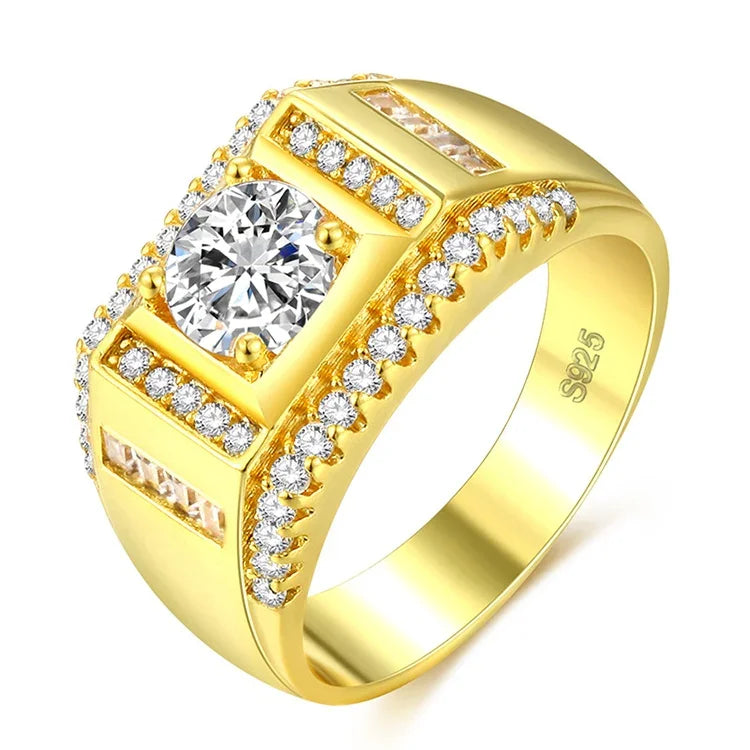 Bague de diamant pour hommes incrustée de zircon AAA + plaqué or, nouveau style, taille : 7, diamètre : 17,3 mm, périmètre : 54,4 mm, diamètre : 17,3 mm