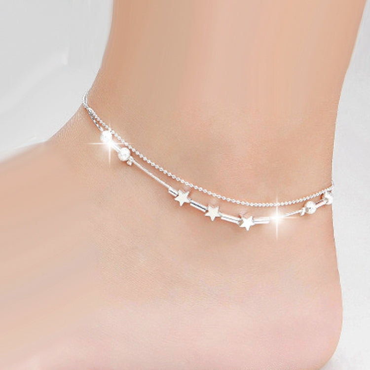 Bijoux fantaisie double perles en poudre et étoiles, chaînes de cheville plaquées argent (argent)