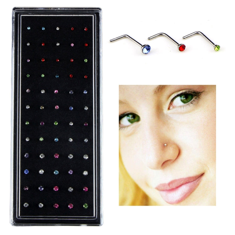 60 clous de nez en acier inoxydable en forme de diamant de couleurs mélangées, bijoux de piercing en forme de L, longueur de la tige : 7 mm, diamètre de la tige : 0,6 mm (couleur), couleur (60 pièces), blanc (60 pièces)