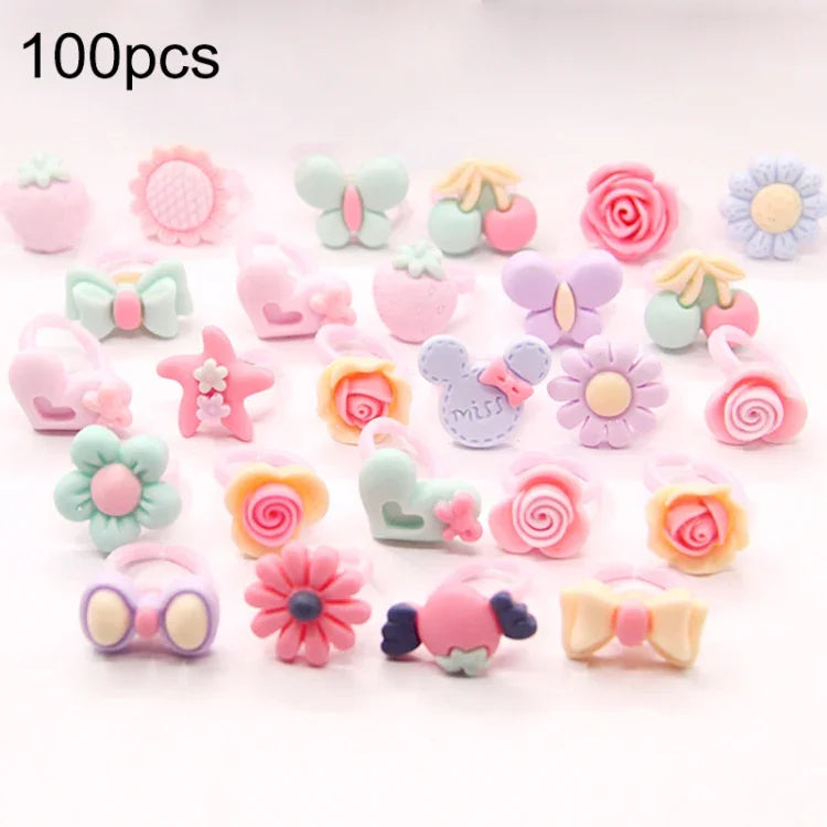 100 Pièces Enfants Mignon Dessin Animé Résine Fleur Animal Cœur Nœud Bague, Surface Givrée, Surface Givrée, 100 Pièces