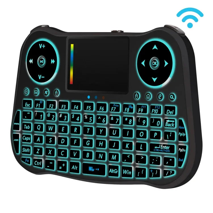 Clavier QWERTY sans fil MT08 Mini 2,4 GHz avec souris aérienne, rétroéclairage couleur, pavé tactile et commandes multimédias pour PC, TV, MT08