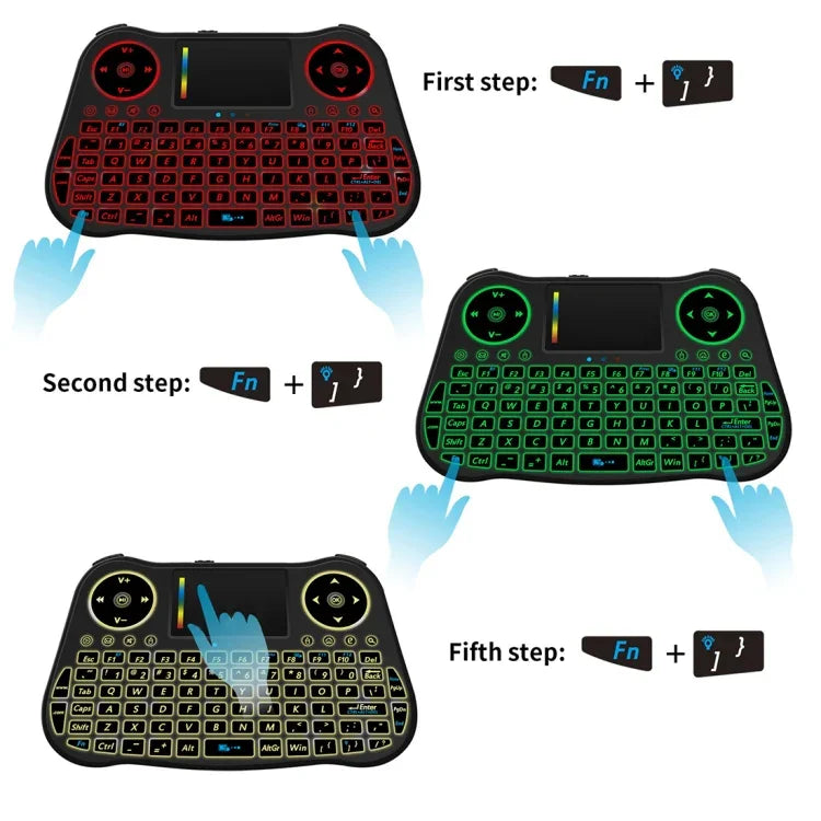 Clavier QWERTY sans fil MT08 Mini 2,4 GHz avec souris aérienne, rétroéclairage couleur, pavé tactile et commandes multimédias pour PC, TV, MT08