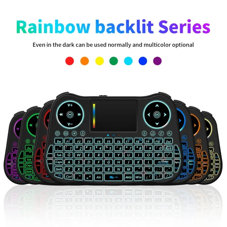 Clavier QWERTY sans fil MT08 Mini 2,4 GHz avec souris aérienne, rétroéclairage couleur, pavé tactile et commandes multimédias pour PC, TV, MT08