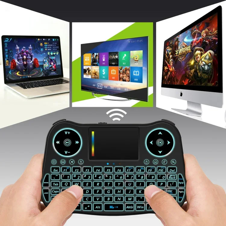 Clavier QWERTY sans fil MT08 Mini 2,4 GHz avec souris aérienne, rétroéclairage couleur, pavé tactile et commandes multimédias pour PC, TV, MT08