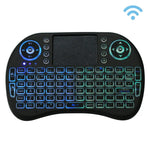 Clavier sans fil Mini i8 QWERTY 2,4 GHz avec rétroéclairage multicolore, pavé tactile et commandes multimédias pour PC, boîtier Android TV, Xbox, smartphones. Rétroéclairage multicolore personnalisable.