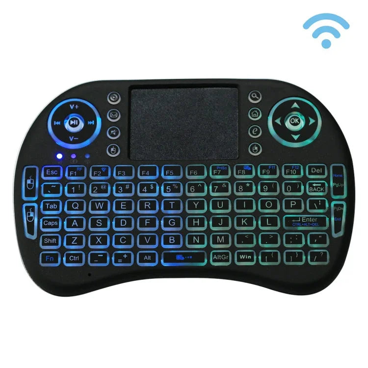 Clavier sans fil Mini i8 QWERTY 2,4 GHz avec rétroéclairage multicolore, pavé tactile et commandes multimédias pour PC, boîtier Android TV, Xbox, smartphones. Rétroéclairage multicolore personnalisable.