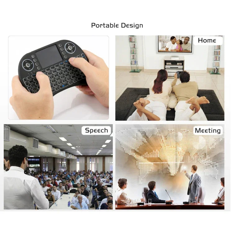Clavier sans fil Mini i8 QWERTY 2,4 GHz avec rétroéclairage multicolore, pavé tactile et commandes multimédias pour PC, boîtier Android TV, Xbox, smartphones. Rétroéclairage multicolore personnalisable.