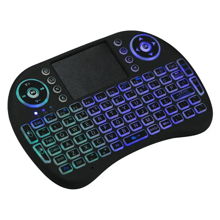 Clavier sans fil Mini i8 QWERTY 2,4 GHz avec rétroéclairage multicolore, pavé tactile et commandes multimédias pour PC, boîtier Android TV, Xbox, smartphones. Rétroéclairage multicolore personnalisable.