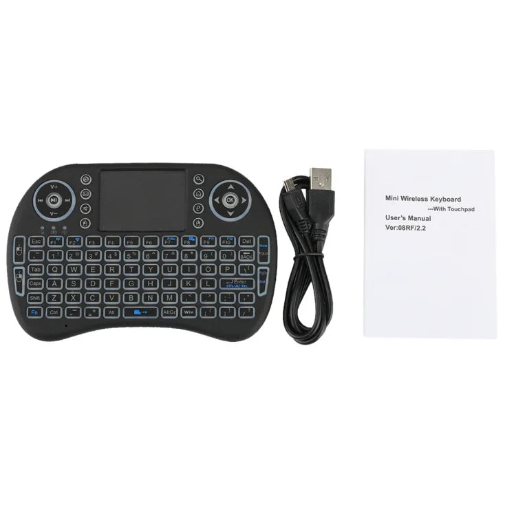 Clavier sans fil Mini i8 QWERTY 2,4 GHz avec rétroéclairage multicolore, pavé tactile et commandes multimédias pour PC, boîtier Android TV, Xbox, smartphones. Rétroéclairage multicolore personnalisable.