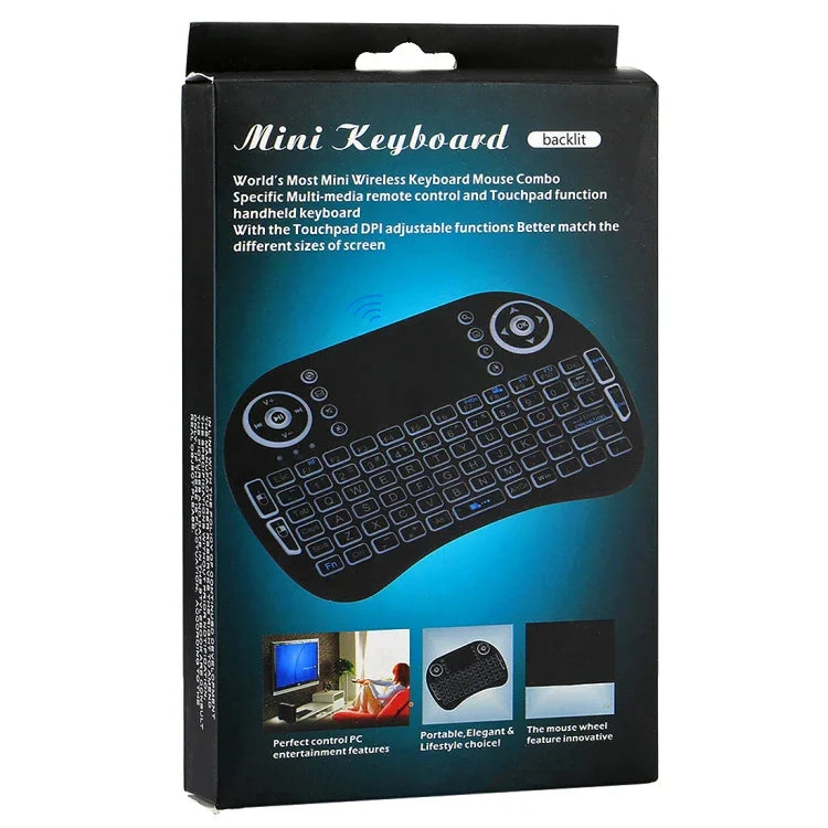 Clavier sans fil Mini i8 QWERTY 2,4 GHz avec rétroéclairage multicolore, pavé tactile et commandes multimédias pour PC, boîtier Android TV, Xbox, smartphones. Rétroéclairage multicolore personnalisable.