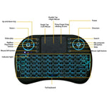 Clavier sans fil Mini i8 QWERTY 2,4 GHz avec rétroéclairage multicolore, pavé tactile et commandes multimédias pour PC, boîtier Android TV, Xbox, smartphones. Rétroéclairage multicolore personnalisable.