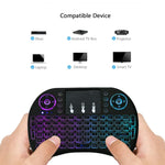Clavier sans fil Mini i8 QWERTY 2,4 GHz avec rétroéclairage multicolore, pavé tactile et commandes multimédias pour PC, boîtier Android TV, Xbox, smartphones. Rétroéclairage multicolore personnalisable.