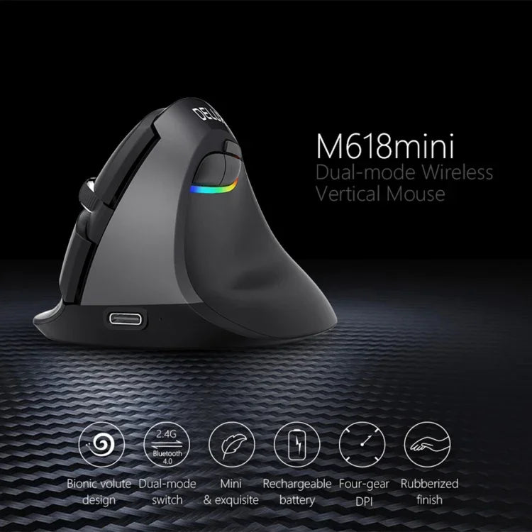 DELUX M618 Mini Souris Verticale Ergonomique sans Fil 2.4G 2400DPI USB Rechargeable, M618 Gris