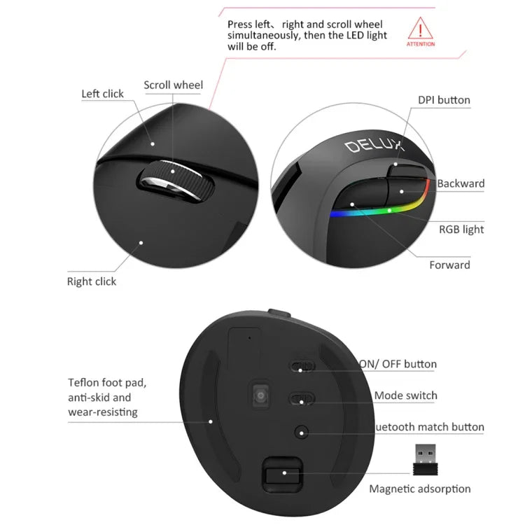 DELUX M618 Mini Souris Verticale Ergonomique sans Fil 2.4G 2400DPI USB Rechargeable, M618 Gris