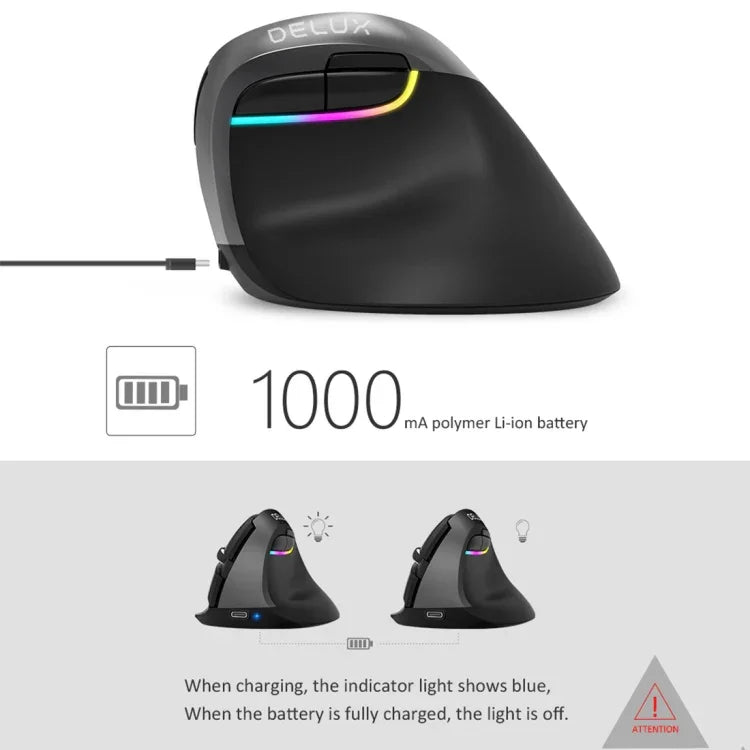 DELUX M618 Mini Souris Verticale Ergonomique sans Fil 2.4G 2400DPI USB Rechargeable, M618 Gris