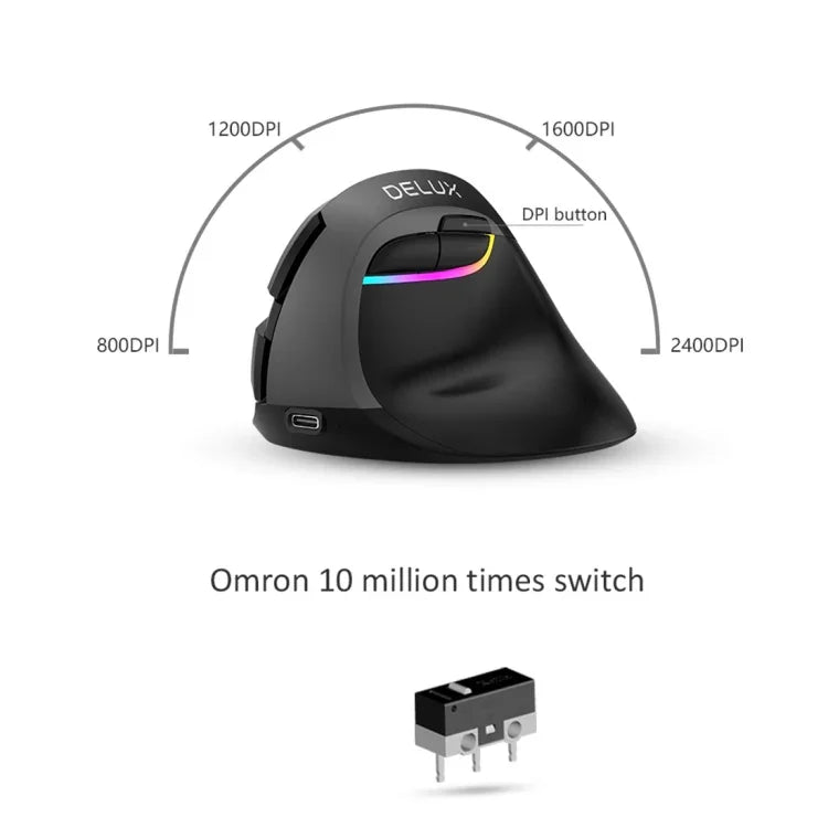 DELUX M618 Mini Souris Verticale Ergonomique sans Fil 2.4G 2400DPI USB Rechargeable, M618 Gris