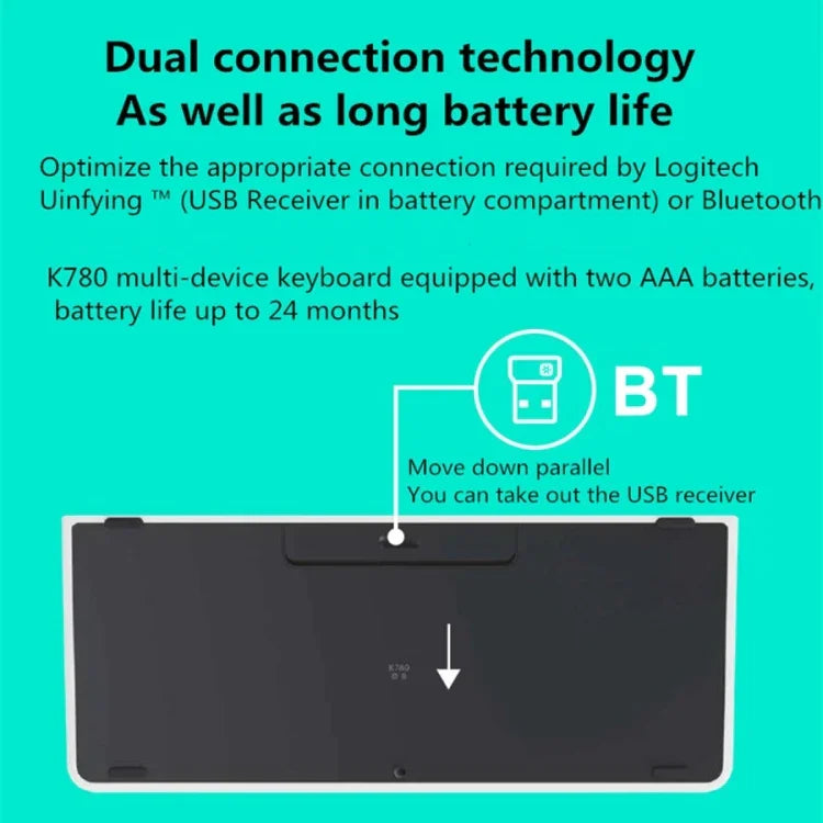 Clavier sans fil multi-dispositifs Logitech K780 Bluetooth + Unifying double mode avec support