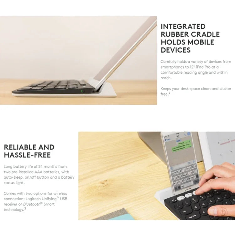 Clavier sans fil multi-dispositifs Logitech K780 Bluetooth + Unifying double mode avec support
