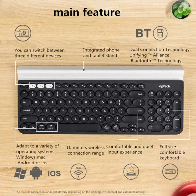 Clavier sans fil multi-dispositifs Logitech K780 Bluetooth + Unifying double mode avec support