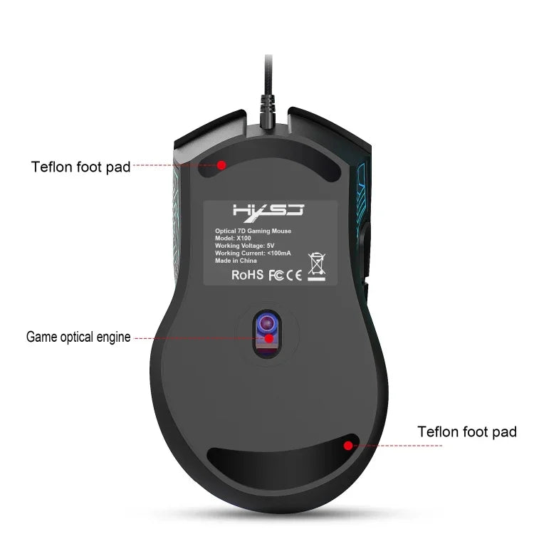 Souris Gamer Filaire Lumineuse HXSJ X100 7 Boutons 3600 DPI, Longueur de Câble : 1,5 m