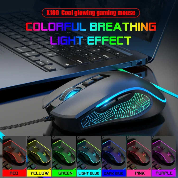 Souris Gamer Filaire Lumineuse HXSJ X100 7 Boutons 3600 DPI, Longueur de Câble : 1,5 m