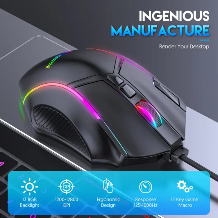 Souris filaire RVB MKESPN X15 Full Speed 12800DPI avec 12 boutons et définition de macros, x15