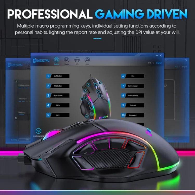 Souris filaire RVB MKESPN X15 Full Speed 12800DPI avec 12 boutons et définition de macros, x15