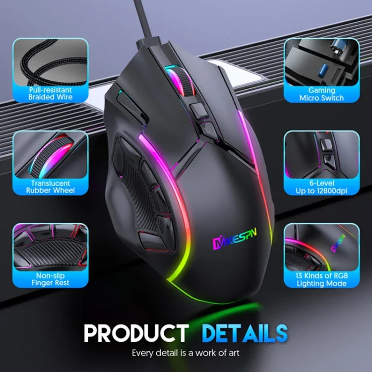 Souris filaire RVB MKESPN X15 Full Speed 12800DPI avec 12 boutons et définition de macros, x15