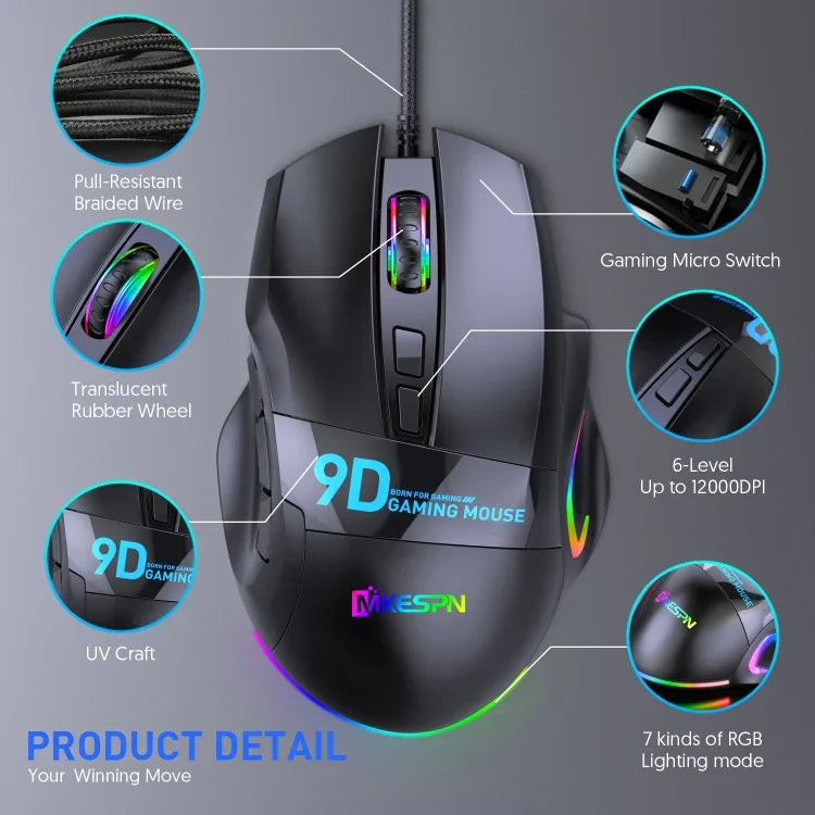 Souris Gamer Filaire RVB MKESPN X10 9 Boutons, Définition de Macros pleine vitesse