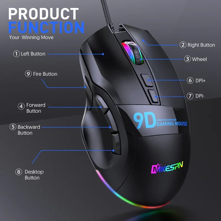 Souris Gamer Filaire RVB MKESPN X10 9 Boutons, Définition de Macros pleine vitesse
