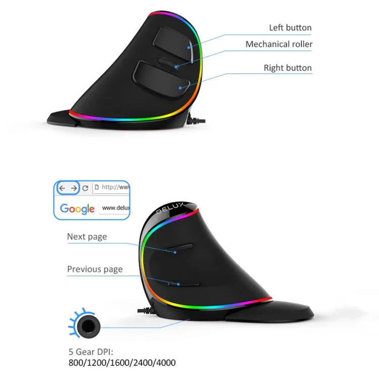 DELUX M618 Plus RGB Souris Optique Filaire Ergonomique Verticale 4000DPI, Filaire 4000DPI