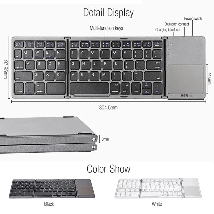 B033 Clavier Bluetooth sans fil pliable 3 volets 64 touches avec pavé tactile, pliable 3 volets 64 touches avec pavé tactile Blanc