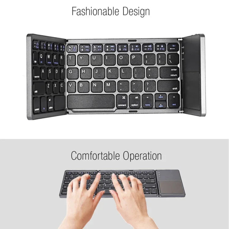 B033 Clavier Bluetooth sans fil pliable 3 volets 64 touches avec pavé tactile, pliable 3 volets 64 touches avec pavé tactile Blanc
