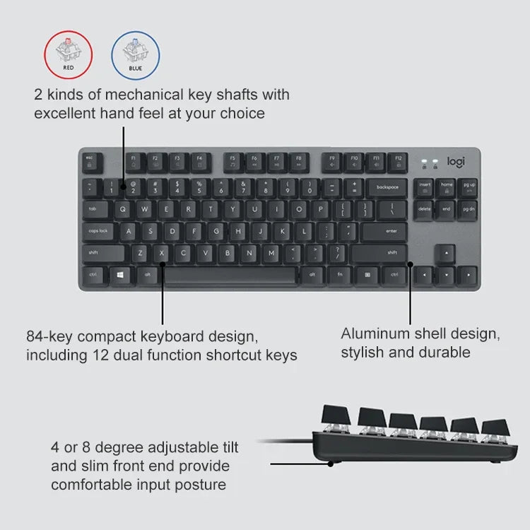 Clavier mécanique filaire compact Logitech K835, axe vert, axe vert