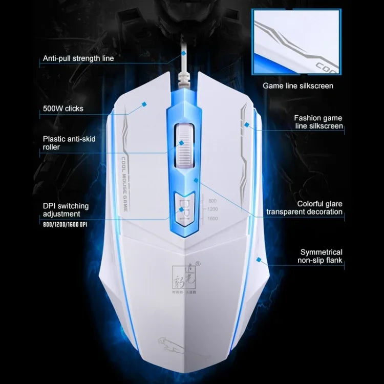 Souris de jeu optique filaire Chasing Leopard 199 USB 1600 DPI avec rétroéclairage LED et trois vitesses réglables, longueur: 1,3 m, 199 noire, 199